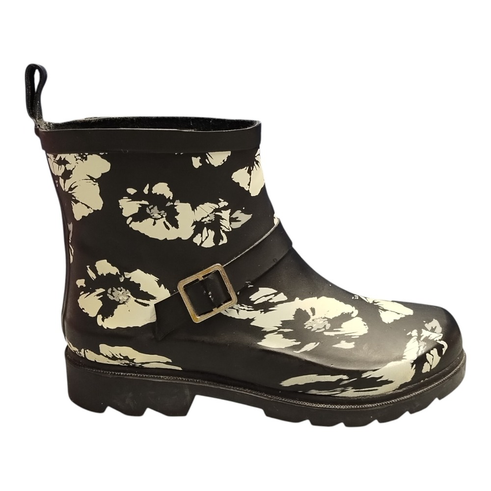 Capelli New York Glossy Rain Boots Womens US 7 Black White Floral Ankle Pull On‎